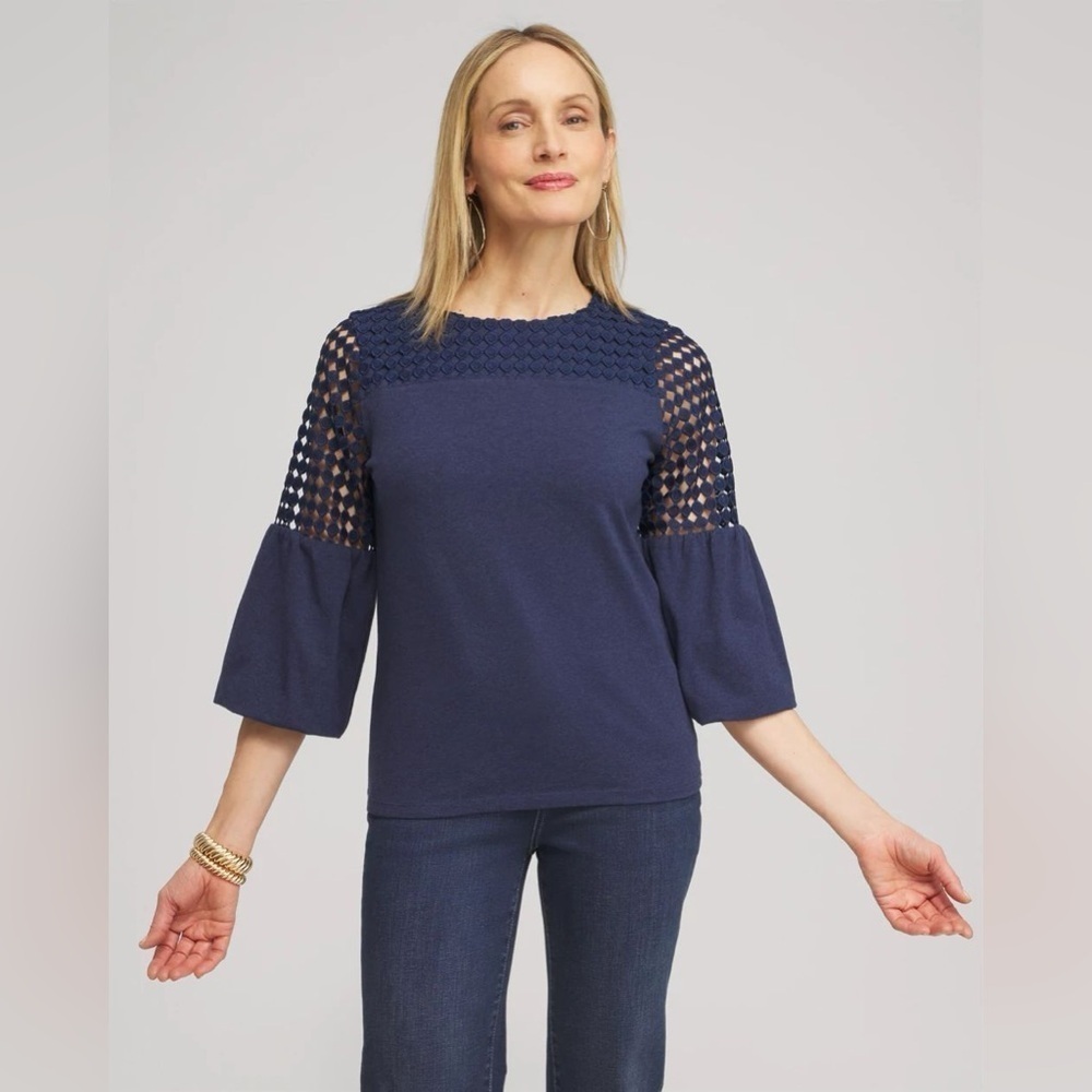NWOT Chico’s Faux Denim Lace Mix Top